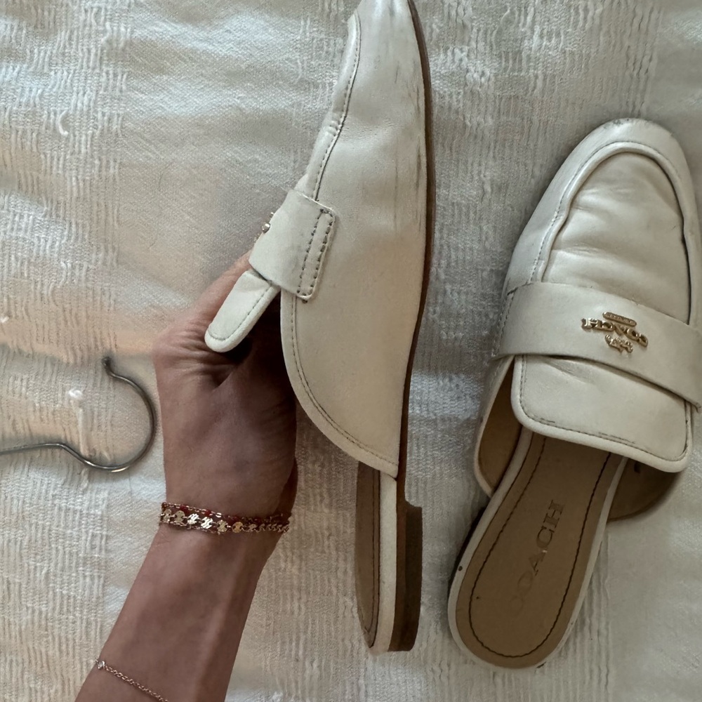 Coach White Leather Backless Loafers with Gold Logo - Picture 3 of 5